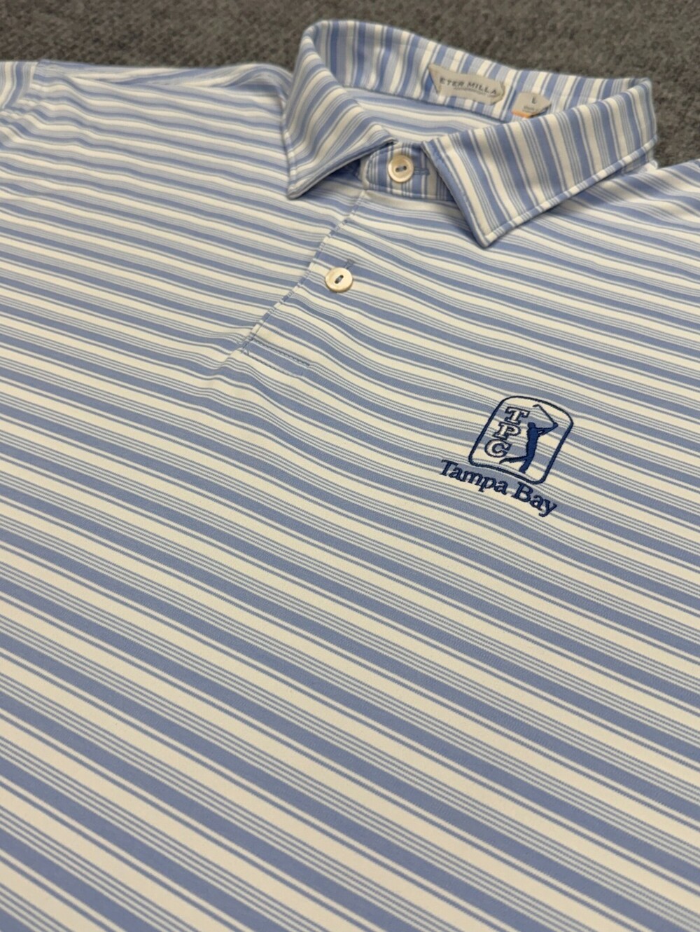 Peter Millar Featherweight UPF 50+ Polo Shirt Mens L White Blue Stripe TPC Golf